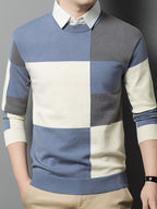 Men's Color-Blocked Checkered 2-in-1 Look Crewneck Knit Sweater, Eliminating the Need for an Inner Shirt, Creating a Visually Layered Look with a Light Business Vibe - SINBOS - Blue