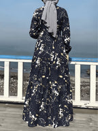 Comfortable Middle Eastern Print Long Dress Robe | Floral Pattern, Long Length, With Belt, Suitable For All Seasons - Navy Color