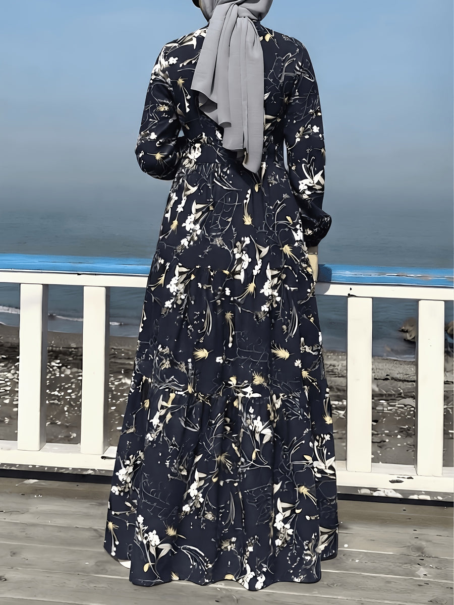 Comfortable Middle Eastern Print Long Dress Robe | Floral Pattern, Long Length, With Belt, Suitable For All Seasons - Navy Color