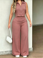 YYTT Women'S New Elegant Solid Color Shirt with Collar And Single-Breasted Button Design Top And Wide-Leg Pocket Design Long Pants Two-Piece Set, Suitable for Summer Outdoor Casual And Other Occasions - Light Brown-1