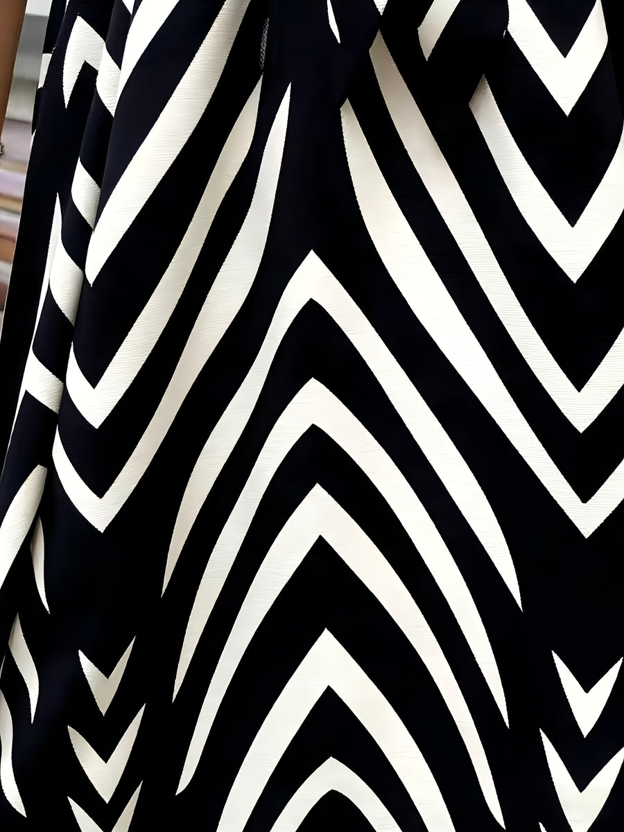 Ladies' Elegant Skirt, Striped, Midi Length, Machine Washable, Pilling Resistant, Easy to Wear, Ready Stock, - Black