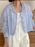 Versatile Single-Breasted Striped Color-Blocking Short Loose Vacation Long-Sleeved Hooded Shirt Women - Deep Sky Blue