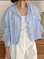 Versatile Single-Breasted Striped Color-Blocking Short Loose Vacation Long-Sleeved Hooded Shirt Women - Deep Sky Blue