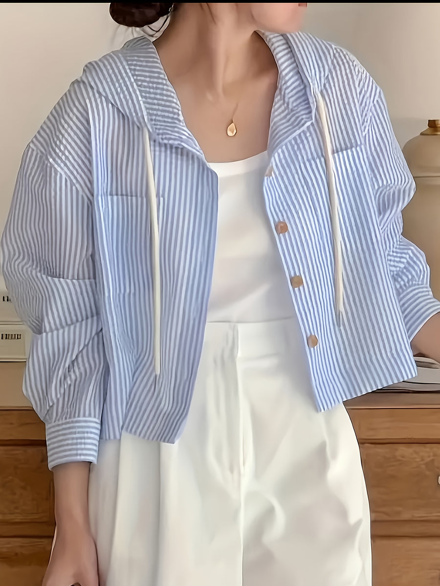 Versatile Single-Breasted Striped Color-Blocking Short Loose Vacation Long-Sleeved Hooded Shirt Women - Deep Sky Blue