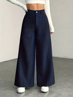 Women's High-Waisted Wide-Leg Corduroy Pants - Straight Leg Trousers with Corduroy Texture & Striped Suitable for All-Season Wear, Machine Washable Non-Stretch Corduroy Pants for Office, Casual, Everyday Outfits (No Transparency) - Blue