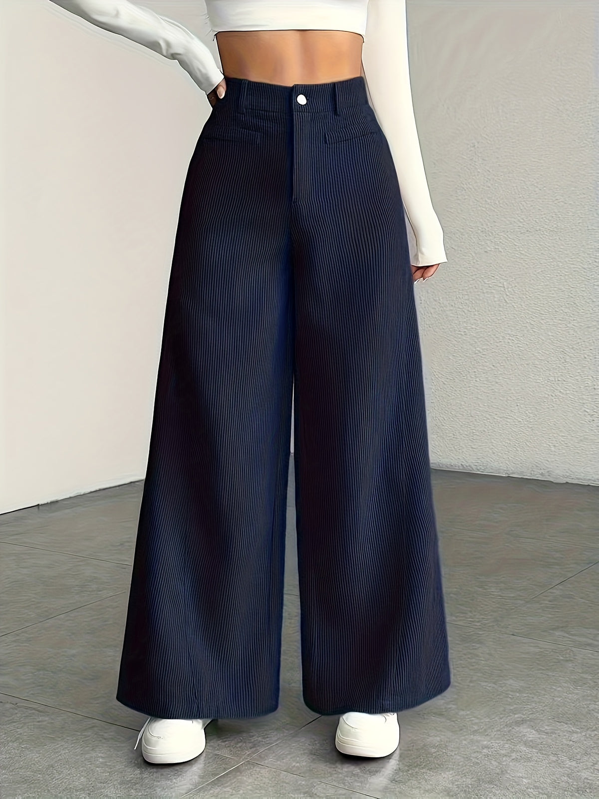 Women's High-Waisted Wide-Leg Corduroy Pants - Straight Leg Trousers with Corduroy Texture & Striped Suitable for All-Season Wear, Machine Washable Non-Stretch Corduroy Pants for Office, Casual, Everyday Outfits (No Transparency) - Blue