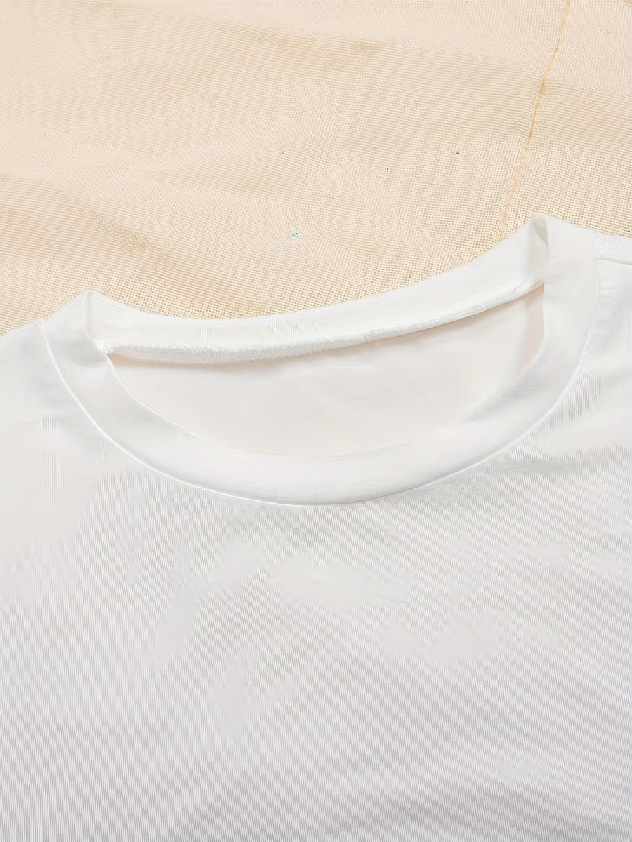 Women'S Sexy Solid Color Tight Long Sleeve T-Shirt - Fashionable Round Neck Basic Top, Slim Fit Design for Spring And Autumn Seasons, Elastic Fabric - White