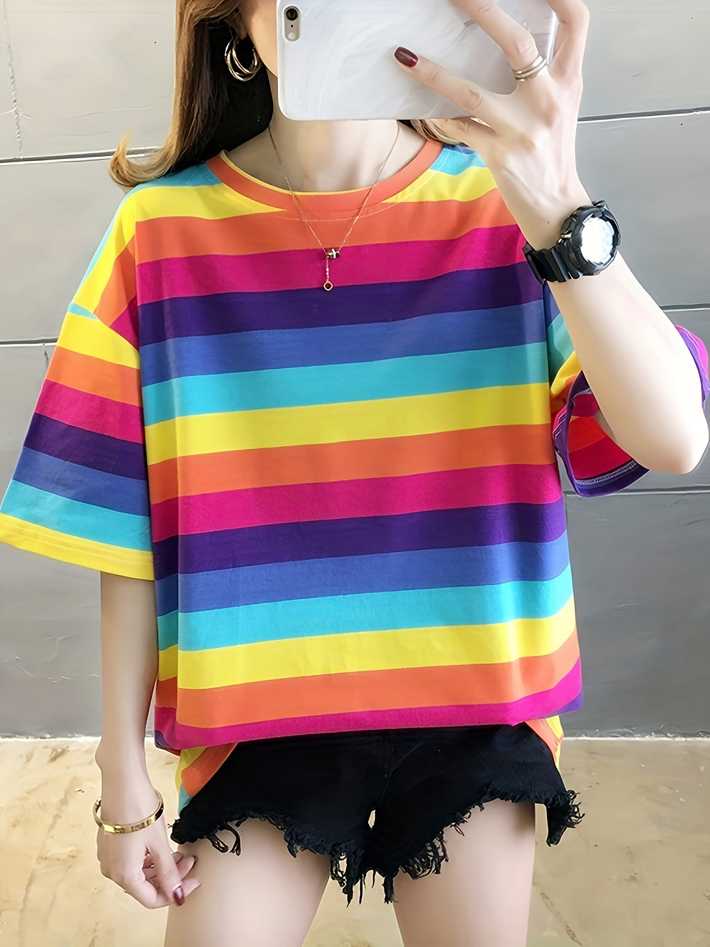 Women's Plus Size Loose Fit Cartoon Print T-Shirt - Pastel Color Block Short Sleeve Round Neck Top, Breathable Medium Stretch Fabric, Long Length Casual Summer Spring Fall Machine Washable, Ladies T Shirts, Trendy Streetwear, Relaxed Fit Tee - Rose Red
