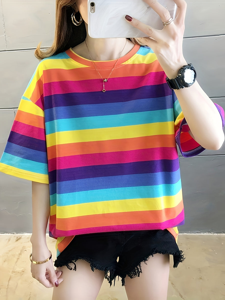 Women's Plus Size Loose Fit Cartoon Print T-Shirt - Pastel Color Block Short Sleeve Round Neck Top, Breathable Medium Stretch Fabric, Long Length Casual Summer Spring Fall Machine Washable, Ladies T Shirts, Trendy Streetwear, Relaxed Fit Tee - Rose Red