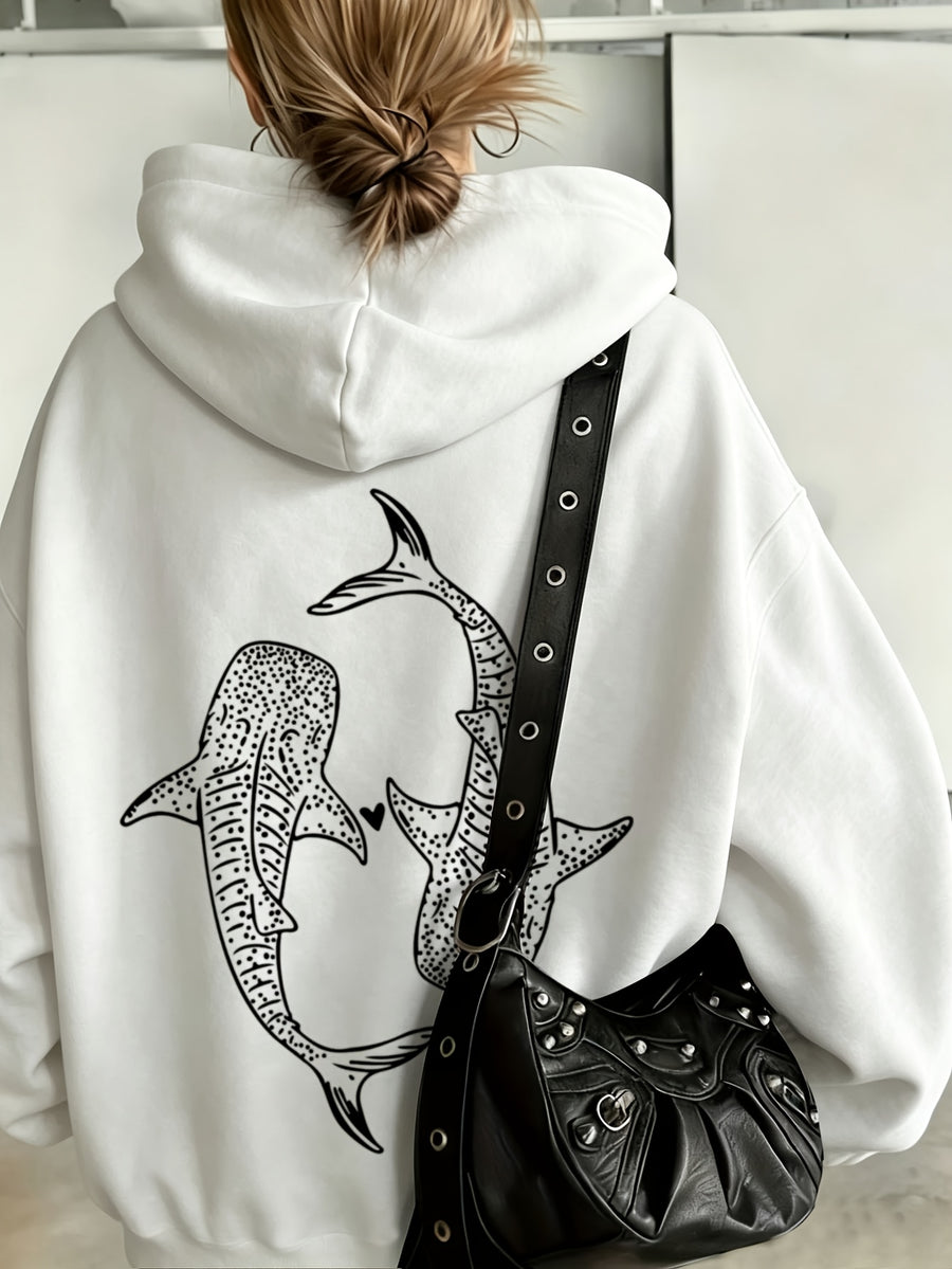 European and American Vintage Minimalist Artistic Style Top, Whale Shark Print Pattern Hooded 1pc Women's Sweatshirt, Loose Autumn/Winter Pullover Top, Relaxed Oversized Fit, Street Hip-Hop Style, with Kangaroo Pocket, No Drawstring - White 1