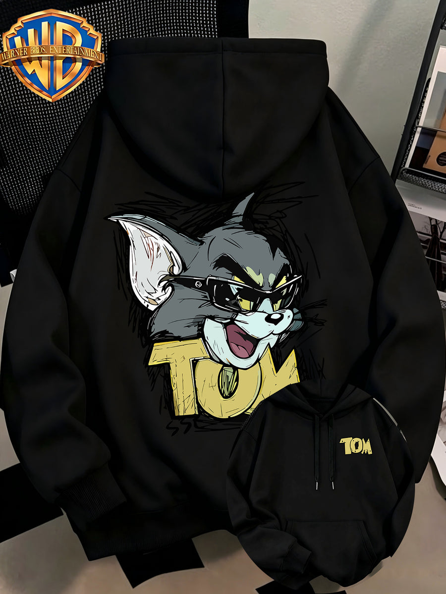 WB Men's. Official Licensed Hooded Sweater Hoodie - Retro Print (Loose Fit Hooded with Iconic WB), Machine Washable Casual Sweater Suitable for Fall/Winter, Daily Wear & for or Outings - Black