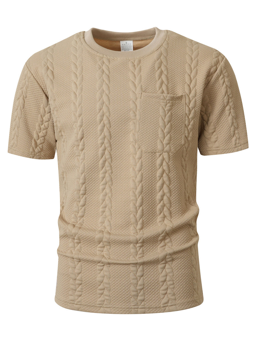 KJ-T037 Men'S Round Neck Jacquard Textured Tactile Pocket Short Sleeve Top T-Shirt Casual Men'S T-Shirt - Khaki