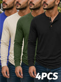 4pcs Set of Men's Spring, Autumn, and Winter Henley Neck Long-Sleeve T-Shirts, Breathable Vintage Casual Solid Color Half-Open Collar Tops, Comfortable and Versatile Base T-Shirts, Suitable for Daily Commuting, Light Business, Home, Sports - Black + Green + Khaki + Blue