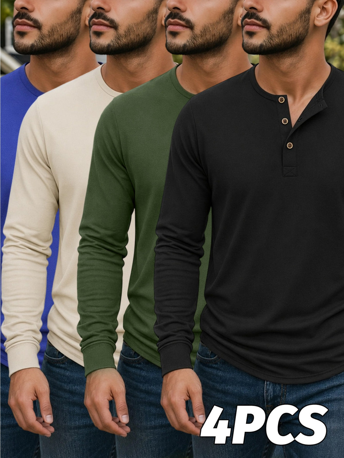 4pcs Set of Men's Spring, Autumn, and Winter Henley Neck Long-Sleeve T-Shirts, Breathable Vintage Casual Solid Color Half-Open Collar Tops, Comfortable and Versatile Base T-Shirts, Suitable for Daily Commuting, Light Business, Home, Sports - Black + Green + Khaki + Blue