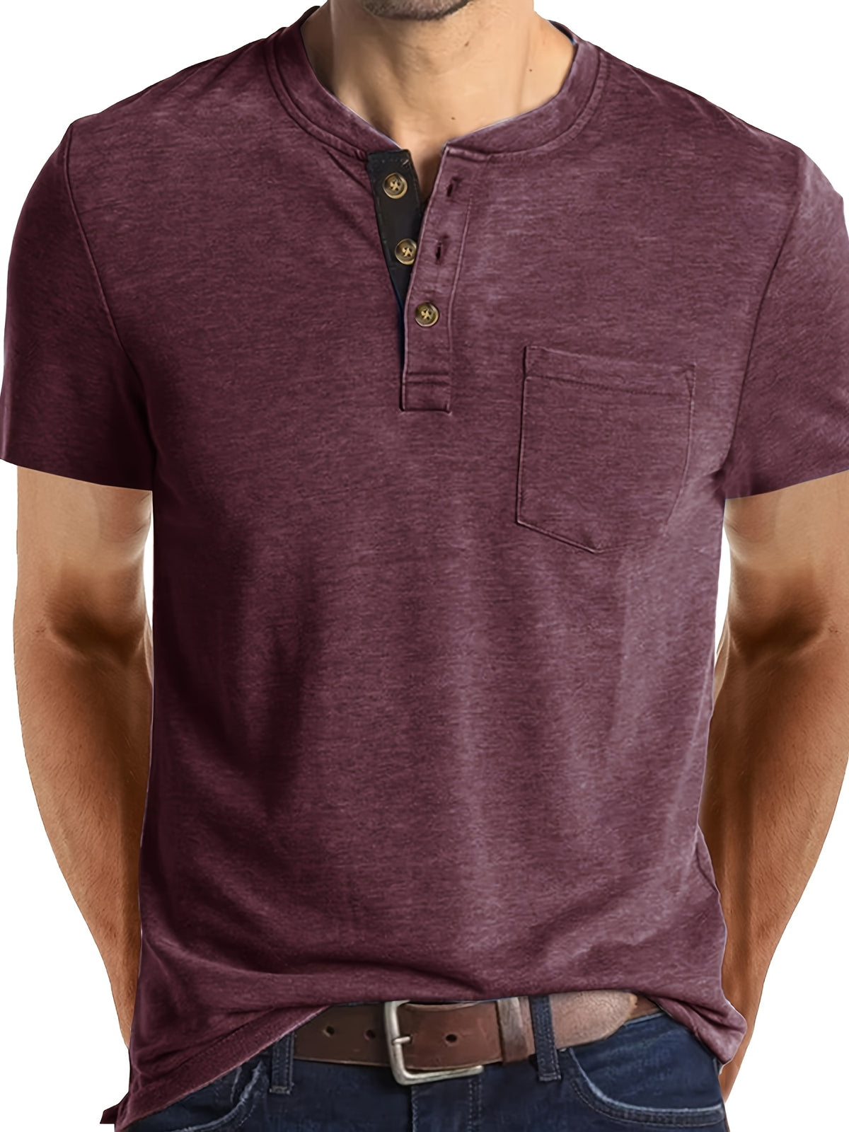 Men'S Summer Round Neck Short Sleeve T-Shirt Henley Shirt Pocket Top - Burgundy