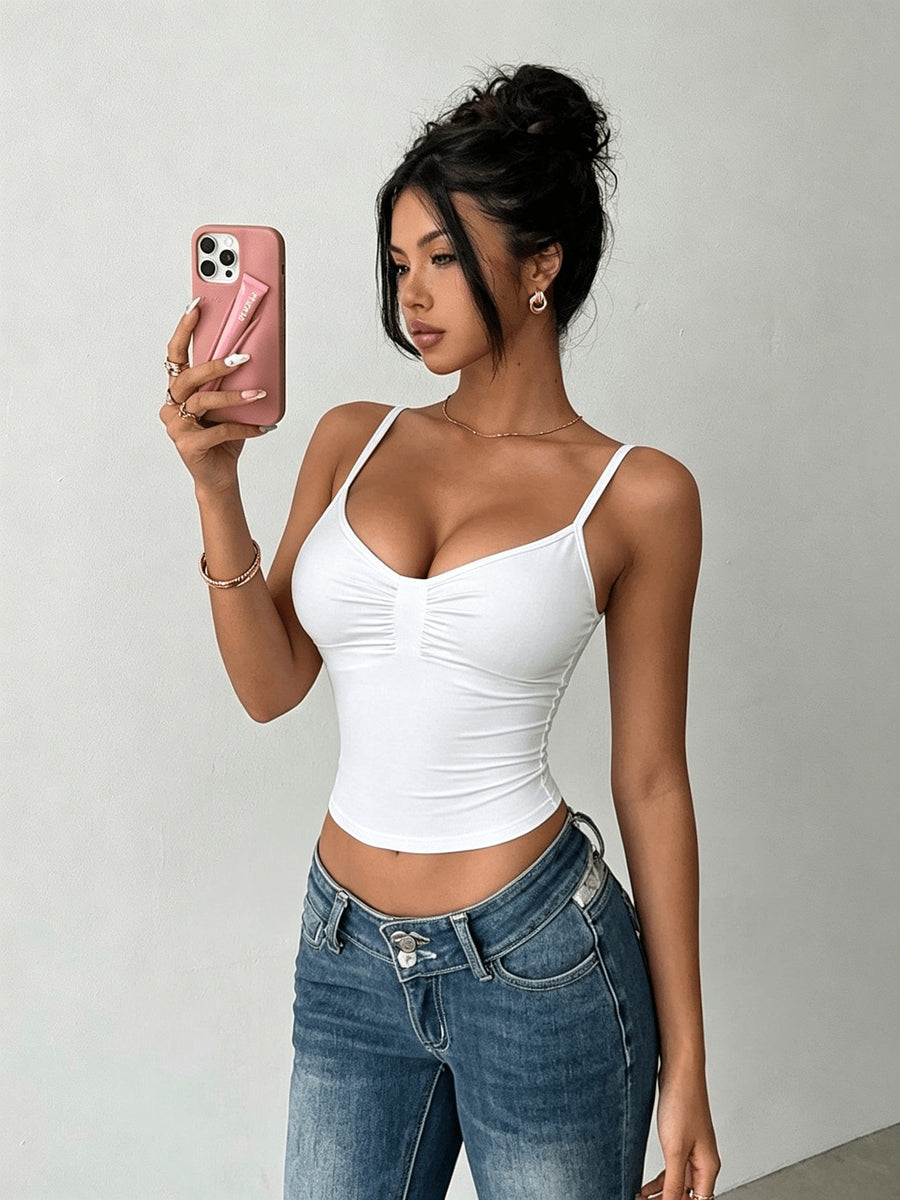 Women's Solid Color Pleated Slim Fit Casual Camisole Tank Top - White