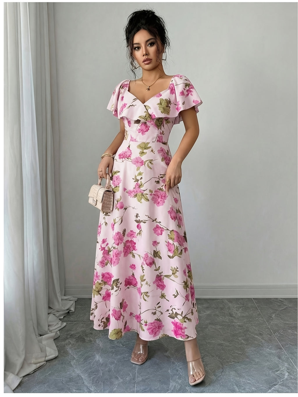 Elegant, Exquisite and Fashionable Floral Print Ruffle Flutter Sleeve A-line Long DressWaist-cinching Figure-flattering Maxi Dress, Women's Bridesmaid DressSuitable for Wedding Guests, Bridesmaids, Vacation, Dating and Party Wear - Pink