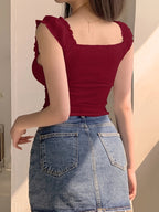 Women's Sexy Fresh Elastic Ruffle Strap Design Chest Elastic Fashion Ruched Tank Top - Burgundy