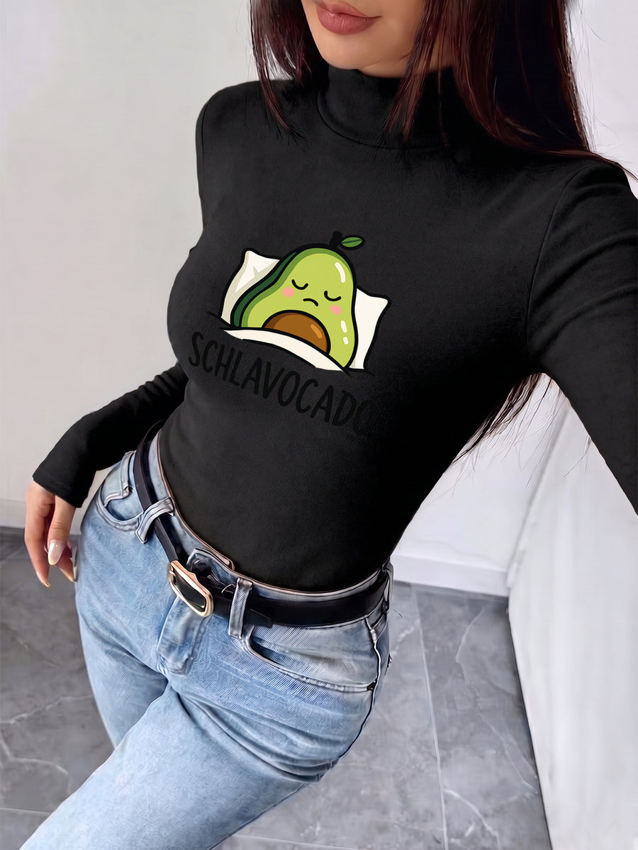 Women'S 2026 New Fashion Half-Neck Long Sleeve Body Suit, Casual Texture Autumn Winter Style, Essential Base Layer for Fall Winter, Slim Sexy Comfortable Warm, Printed with "Sleeping Avocado Cute Pillow Resting" - Black