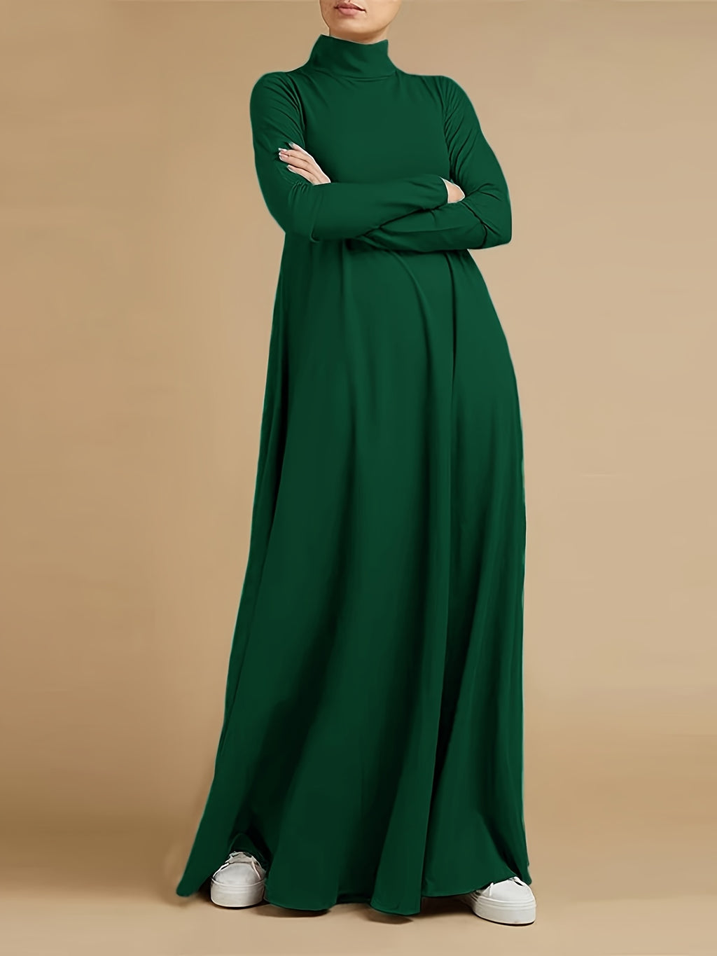 Women'S High Neck Long Sleeve Casual Loose Solid Color Long Dress - Dark Green