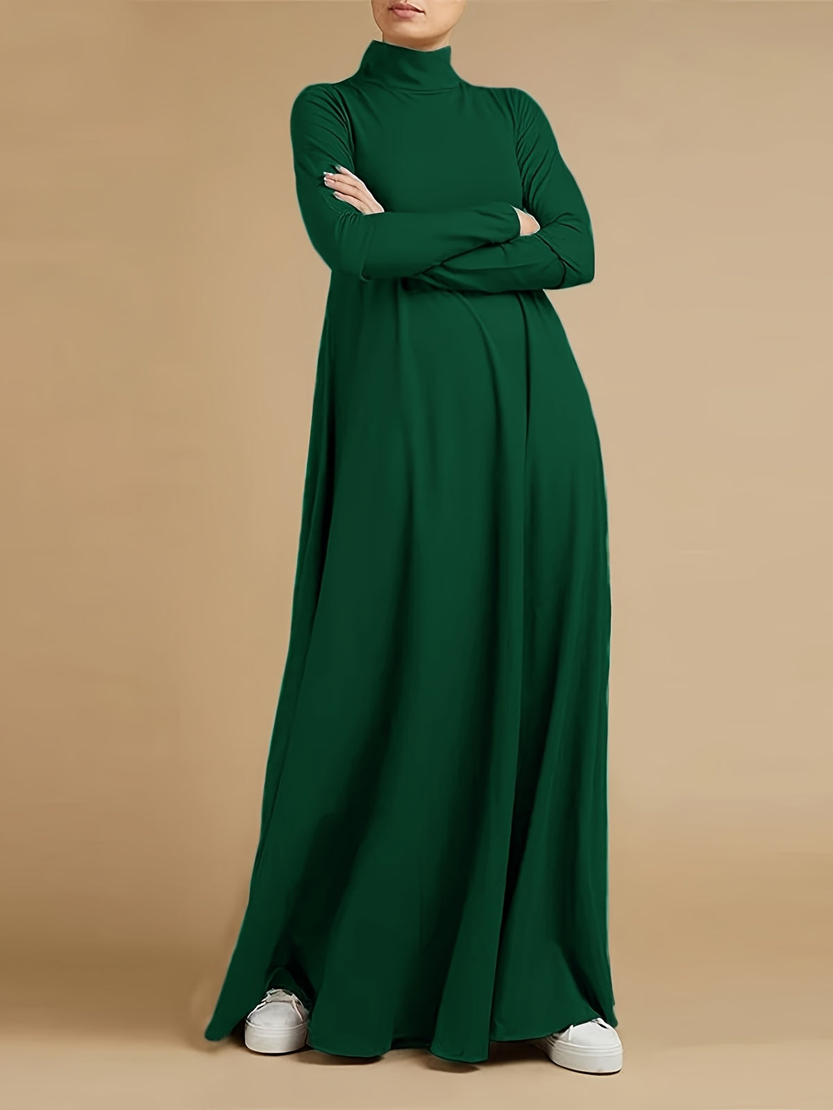 Women'S High Neck Long Sleeve Casual Loose Solid Color Long Dress - Dark Green
