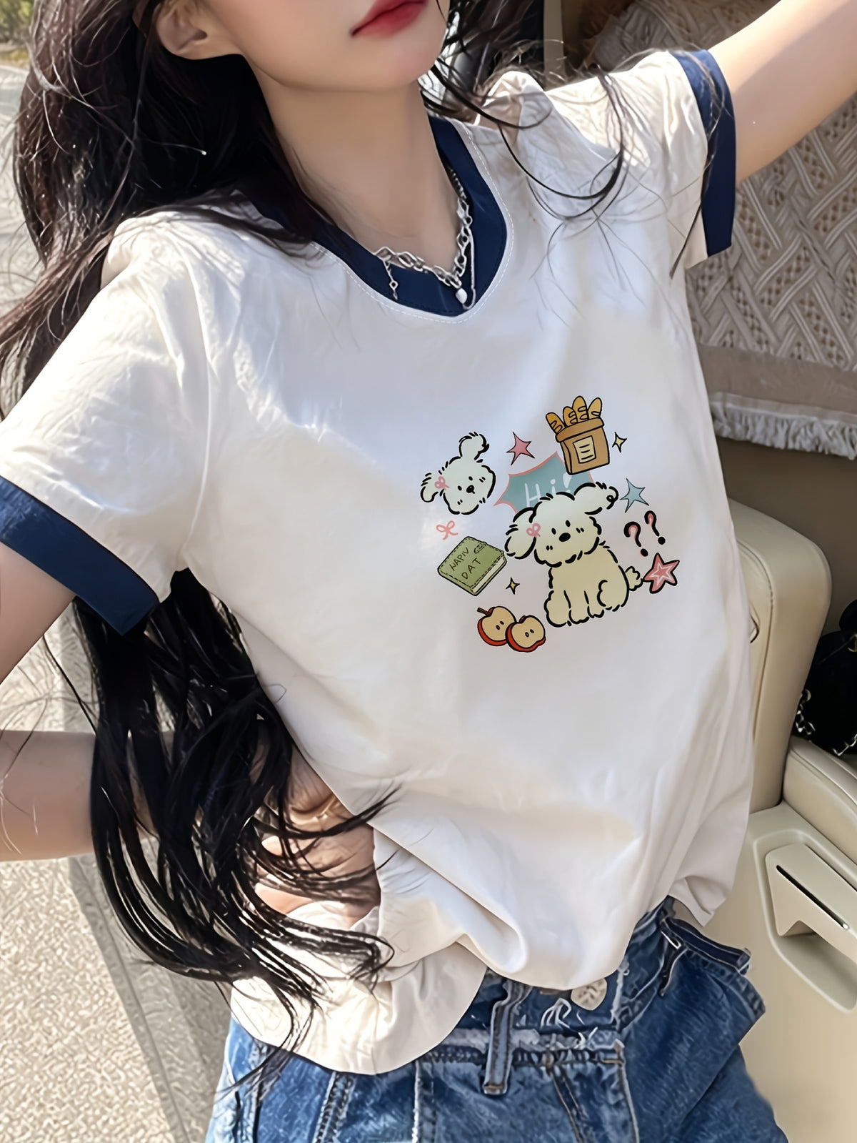 Cute Cartoon Dog And Apple Print Women's T-Shirt Summer Casual Wear for And - White