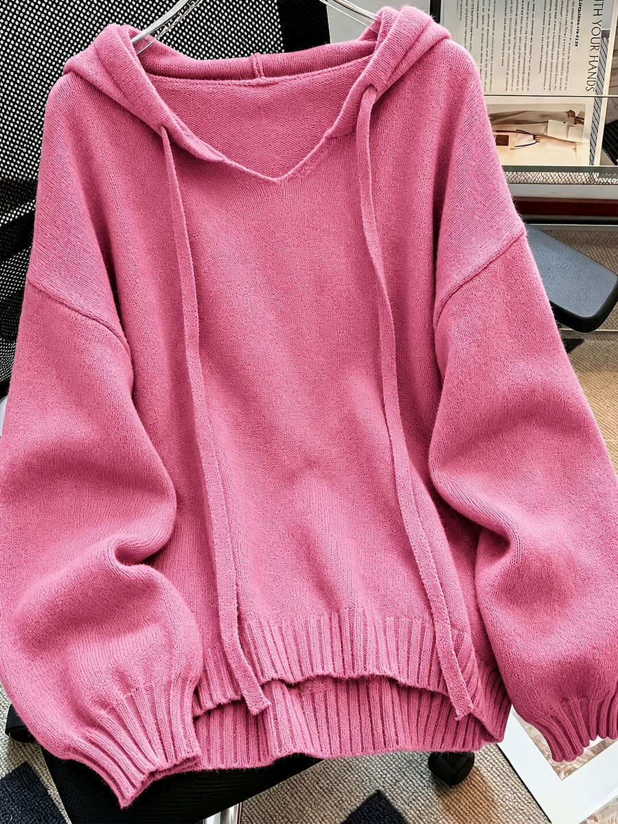 Korean-style Loose Fit Casual Hooded Sweatshirt, Autumn/Winter Solid Color Simple Versatile Drop Shoulder Lantern Sleeve Hoodie, 2026 New Fashion Women's Clothing - Rose Red