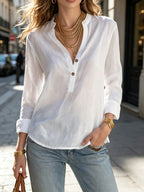 Women's Elegant Solid Color Button- Shirt - Half-Open Collar Top with Button Placket, Loose Fit Long Sleeve Suitable for Spring/Summer, Casual Office Wear, Semi-Sheer Layering for Home & Daily Commuting - White