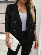New European and American Women's Suit Jacket, Fashionable and Elegant Fabric Patchwork Double-Breasted Tweed Coat for Women - Black