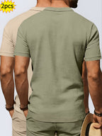 2pcs Summer Cooling Linen Polo Shirt Set, Men'S Breathable Solid Casual Shirts - Army Green+Khaki