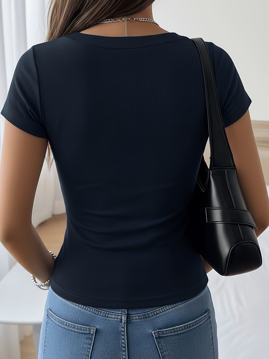 2026 Printed Elastic Women'S T-Shirt Spring And Summer Fashionable Travel Preferred Retro Style Letter Print Button Placket Short-Sleeved Slim Top - Slate Grey
