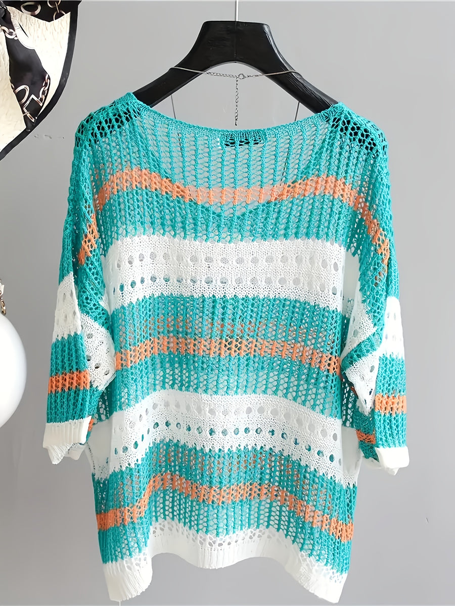 Summer Elegant Loose Hollow-Out Beach Half-Sleeve Cover-Up - Cyan