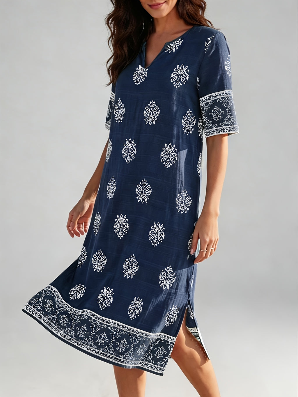 V-neck Short-sleeve Ethnic Print Dress with Slit Hem, Holiday Travel Beach Dress - Navy Color