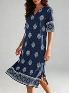 V-neck Short-sleeve Ethnic Print Dress with Slit Hem, Holiday Travel Beach Dress - Navy Color