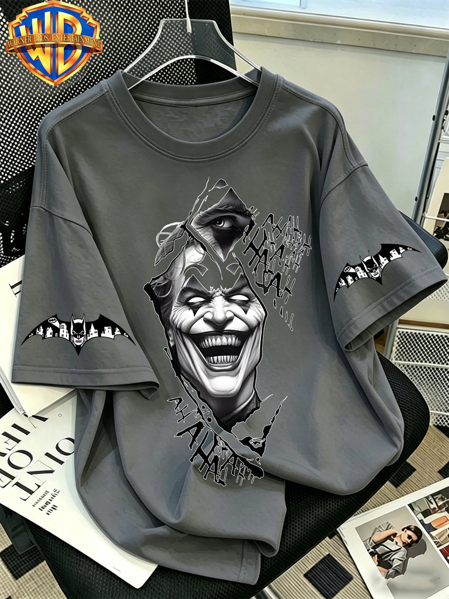 Official WB. Men's Short-sleeve T-shirt with Fun Cartoon Print, Joker Black and White Torn Cartoon Print, Crew Neck Top. Suitable for Men's Casual Summer Daily Commutes, Home, and Office Wear - Grey
