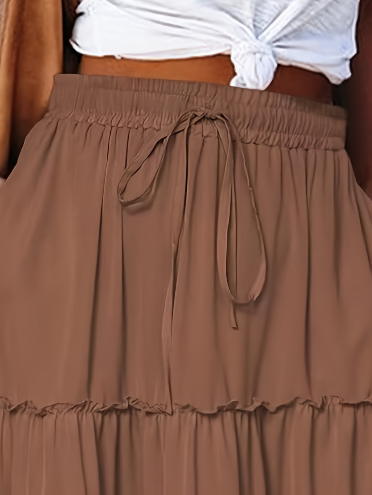 2025 Spring/Summer Rubber Waist Pleated Trim Patchwork Long Dress - Dark Brown
