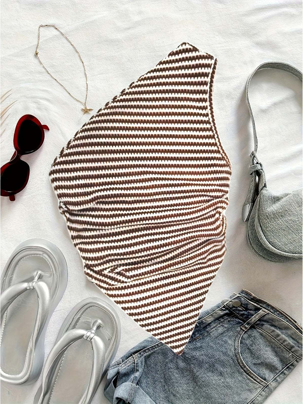 Off-The-Shoulder Striped Temperament Women'S Top - Brown And White