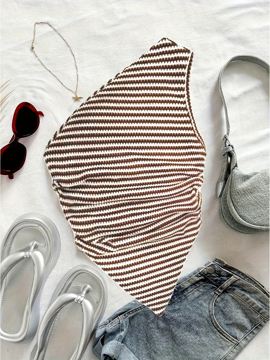 Off-The-Shoulder Striped Temperament Women'S Top - Brown And White