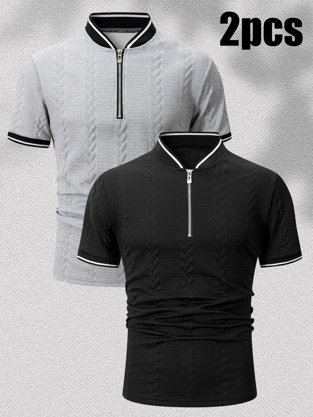 2pcs Men'S Ribbed Half-Zipper Short Sleeve Polo Shirts, Textured Knit Breathable T-Shirts, Commute Vacation Sports Casual Stand-Up Short Sleeves, Contrast Trim Collar And Cuffs, Zippered Placket Design, Suitable for Summer Casual/Commute/Date Wear - Black+Light Grey