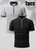 2pcs Men'S Ribbed Half-Zipper Short Sleeve Polo Shirts, Textured Knit Breathable T-Shirts, Commute Vacation Sports Casual Stand-Up Short Sleeves, Contrast Trim Collar And Cuffs, Zippered Placket Design, Suitable for Summer Casual/Commute/Date Wear - Black+Light Grey