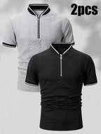 2pcs Men'S Ribbed Half-Zipper Short Sleeve Polo Shirts, Textured Knit Breathable T-Shirts, Commute Vacation Sports Casual Stand-Up Short Sleeves, Contrast Trim Collar And Cuffs, Zippered Placket Design, Suitable for Summer Casual/Commute/Date Wear - Black+Light Grey