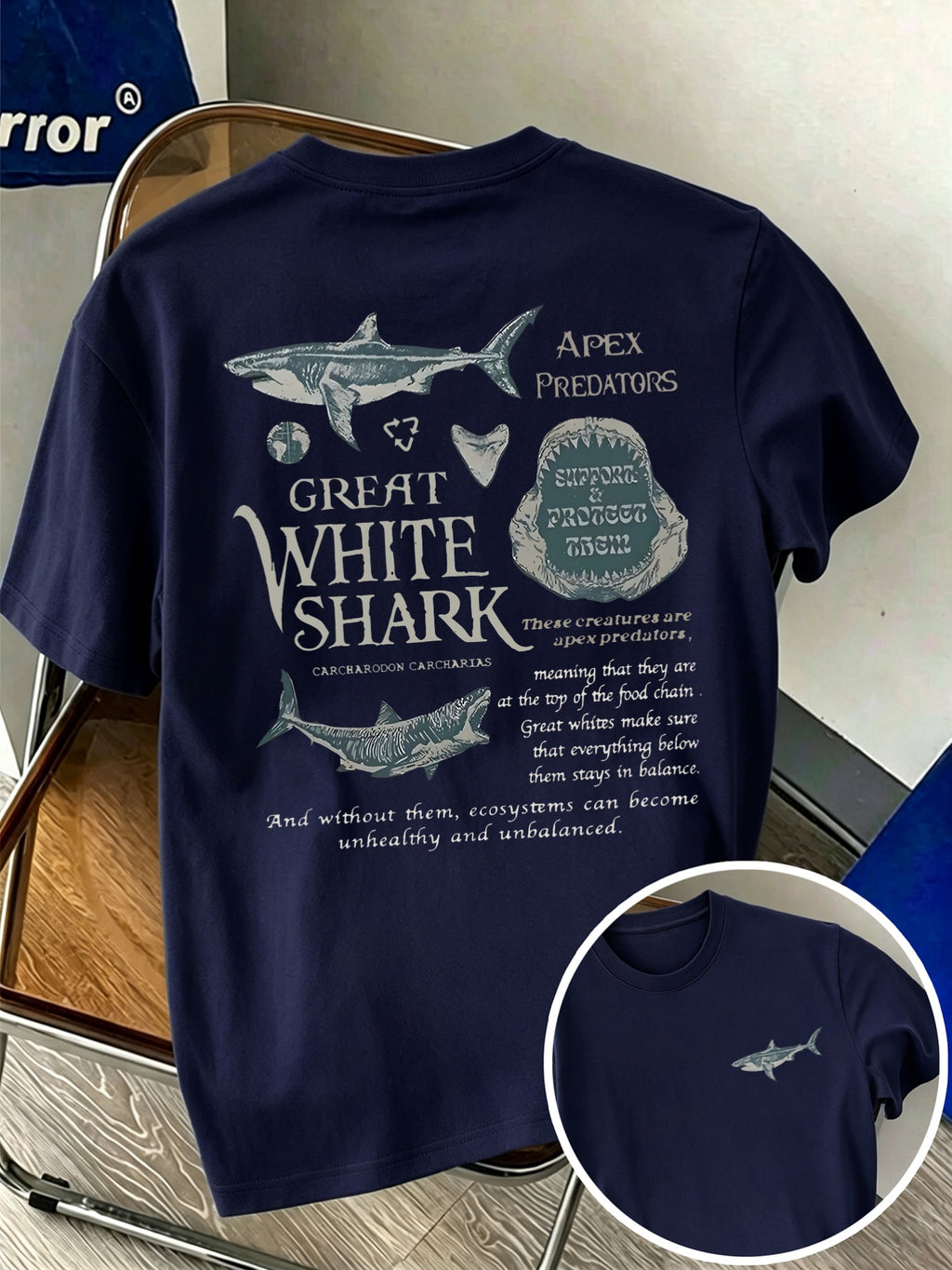 New Men's 100% Pure Cotton T-Shirt with Shark Print, Comfortable and Breathable, Versatile for Summer Casual Wear - Navy blue color
