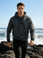 Autumn/Winter 2026 New Arrival Men's Casual Loose Striped Minimalist Trendy Color-Block Henry Hooded Sweatshirt - Dark Gray