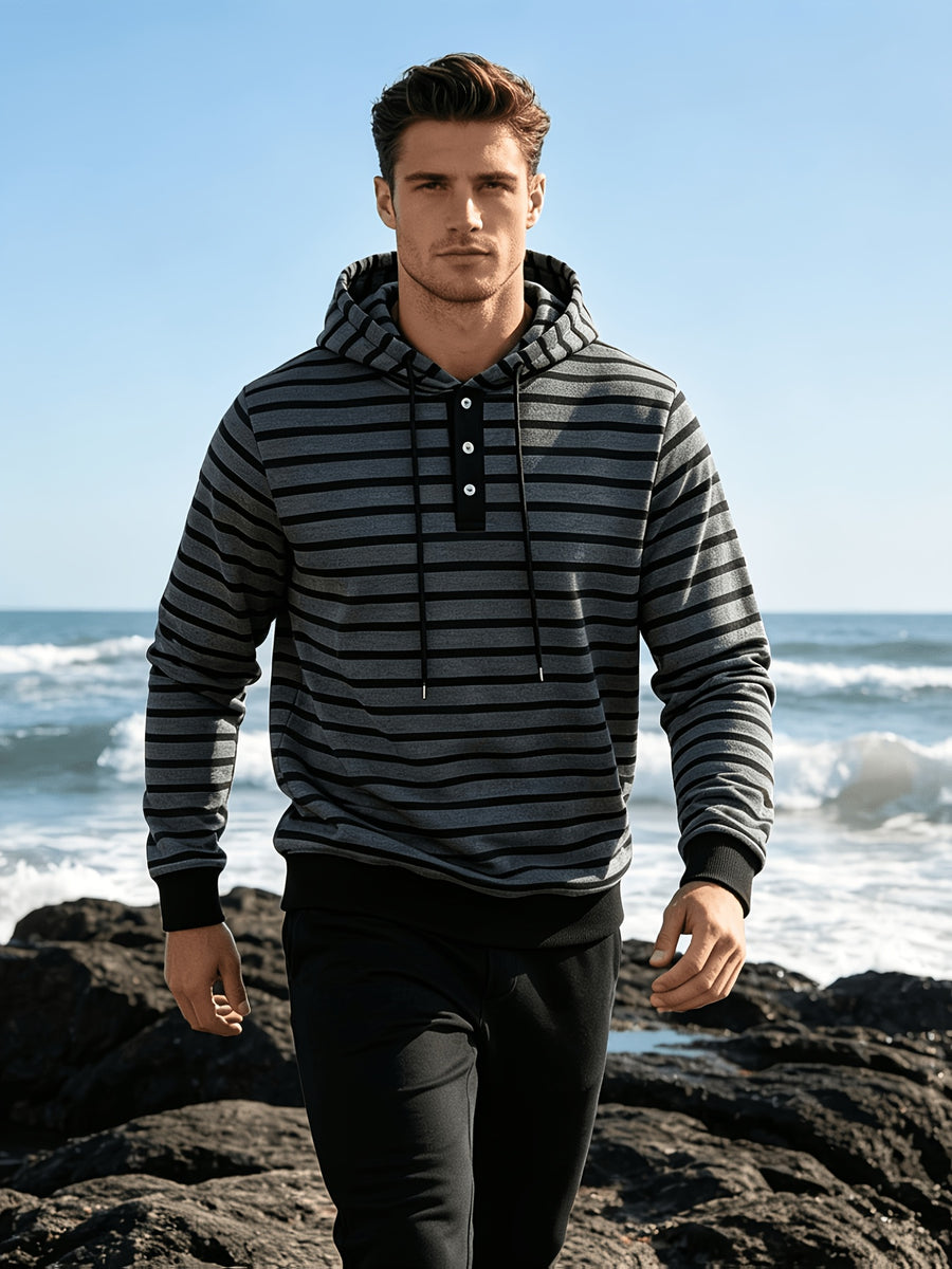 Autumn/Winter 2026 New Arrival Men's Casual Loose Striped Minimalist Trendy Color-Block Henry Hooded Sweatshirt - Dark Gray