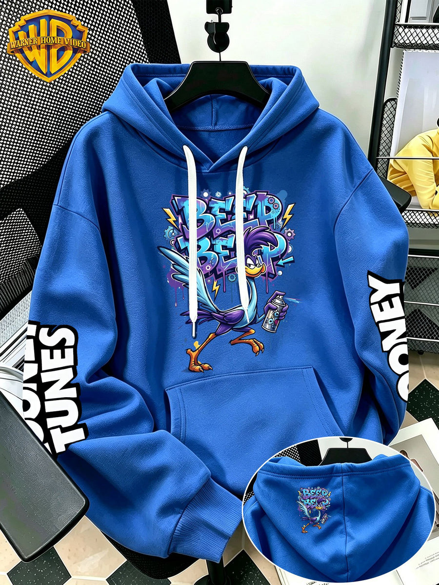 WB Warner Bros Official Men's & Women's Cyber Graffiti Runaway Bird Hoodie - Iconic WB Print Sweatshirt, Adjustable Hood, Loose Fit Warm Pullover for Fall/Winter, Machine Washable Suitable for Daily Wear & Outdoor Sports - Blue