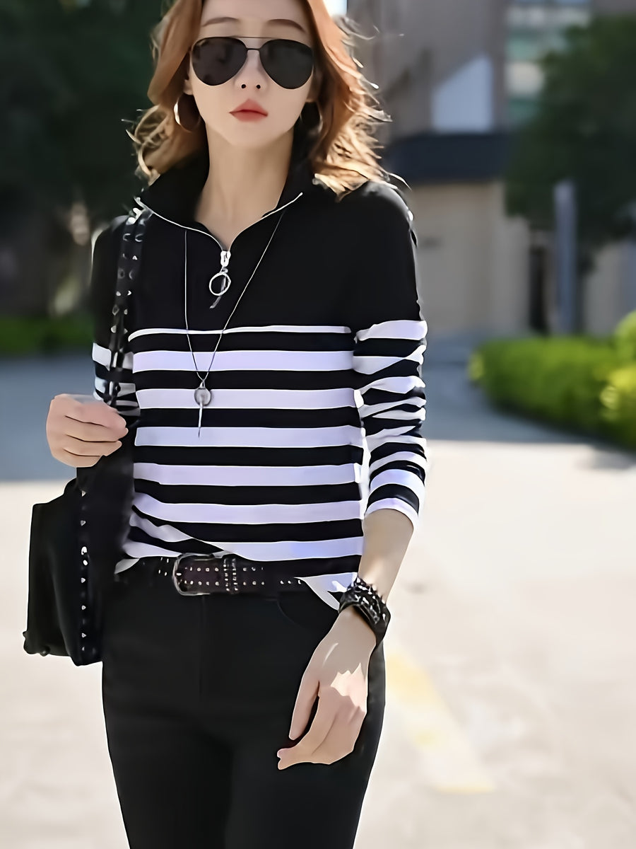 Women's Casual Collar Long Sleeve T-Shirt - Contrast Stripe Color Block Design, Half-Zip Front, Regular Fit Spring/Fall Top, Seasonal Fashion, Colorblock Style, Quality Casualwear - Black Strips