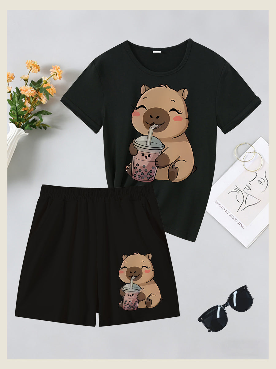 2pcs Women's Spring Summer Short Sleeve & Shorts Matching Outfit - Capybara Print Pajamas Gym Wear Sleepwear, Soft Breathable Pajamas, Valentine's Day Gift, Machine Washable 2pcs Set - Black+black