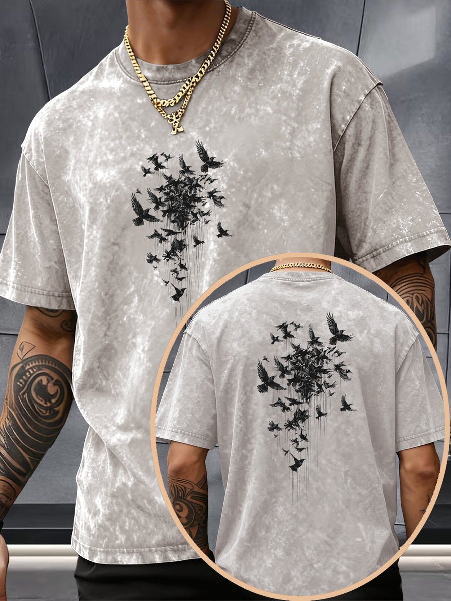 Short Sleeve Top, Pure Washed Distressed Loose Short Sleeve, Raven Flying Bird Front And Back Trendy Print Casual Match, American Street High Street Hip-Hop Couple Style, Daily Outing Commute Sports Fitness Street Style Y2K National Trend T-Shirt - Apricot