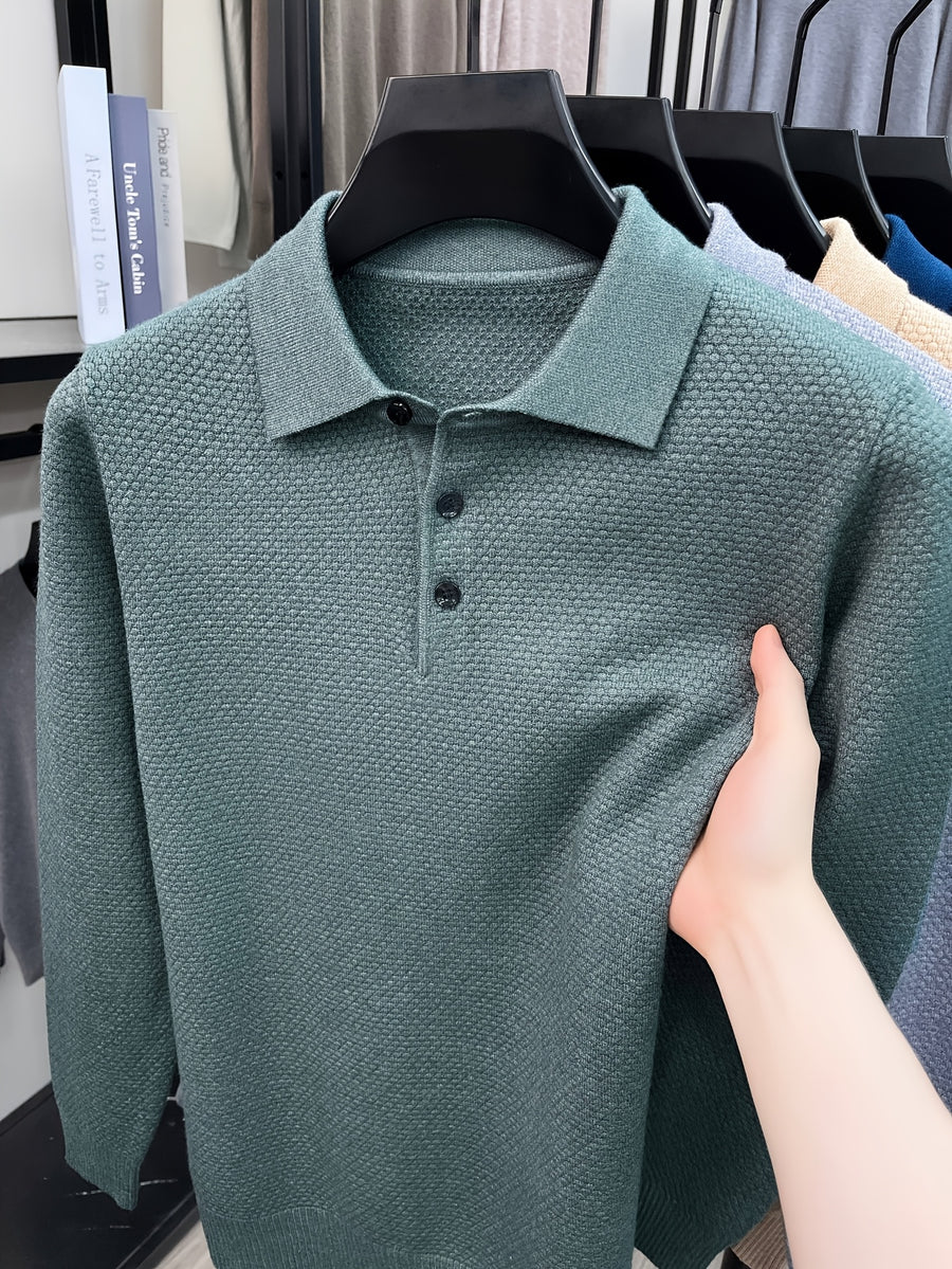 Autumn Men'S Long Sleeve T-Shirt Long Sleeve Pineapple Needle Lapel Business Casual Solid Color POLO Shirt - Bean Green
