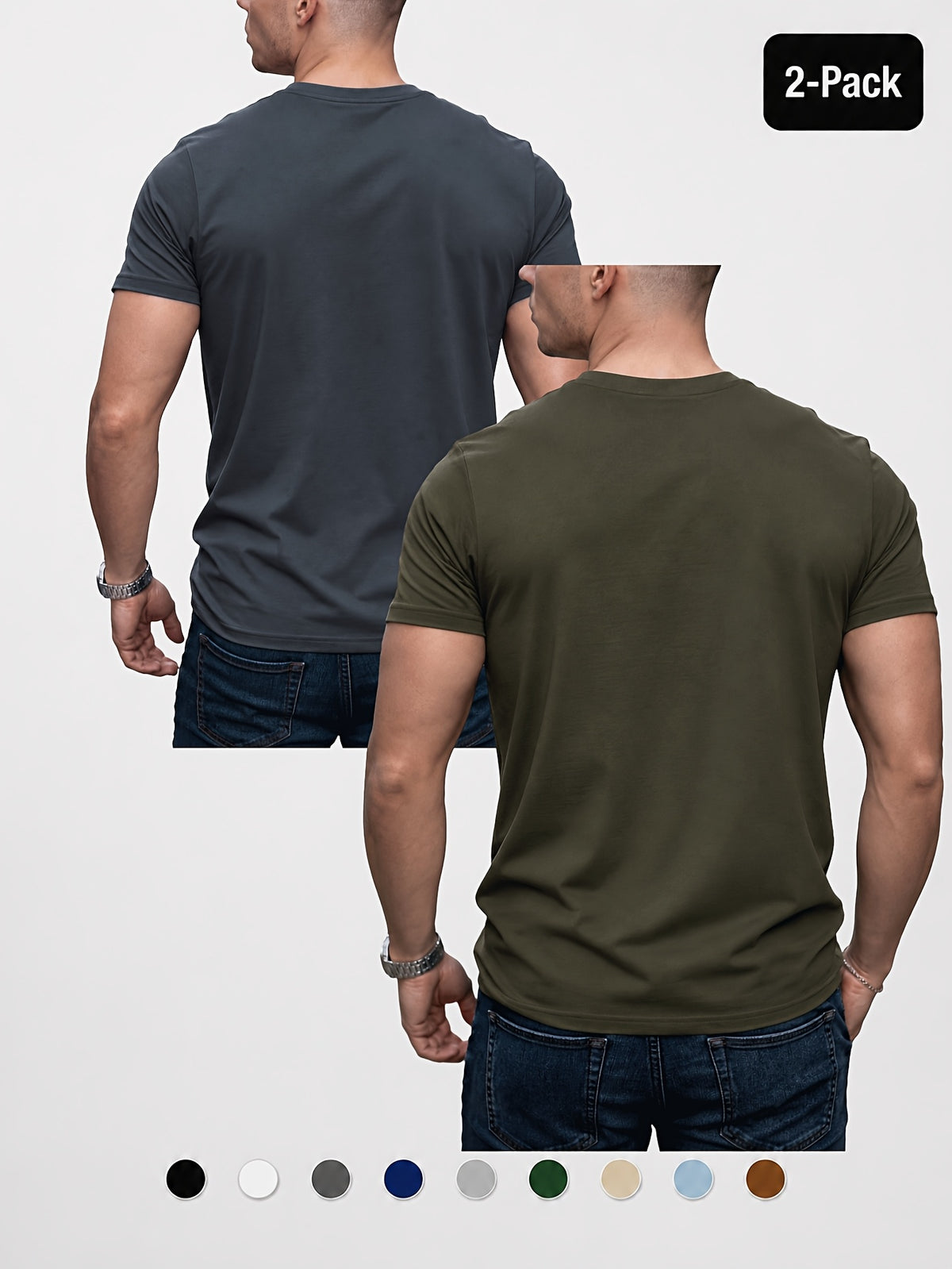 2pcs Men'S Round Neck Short Sleeve Top Set, Round Neck Solid Color Easy Style Soft -Like Fabric Basic Wearable Non-Picky Matching Daily Replacement Base Short Sleeve Top Suitable for Multi-Scene High-Frequency Replacement - dark gray + army green